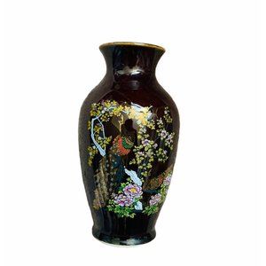 Asahi Floral Vase Japan Brown Gold Rim Peacock Bird Round Mini Vintage Rare 6"